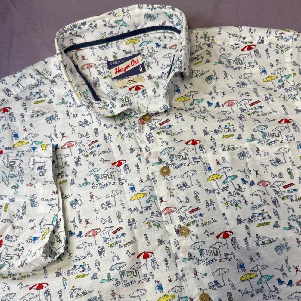 Johnnie O Where's Jo Hangin' Out Shirt Men's Size Small White Short Sleeve Beach